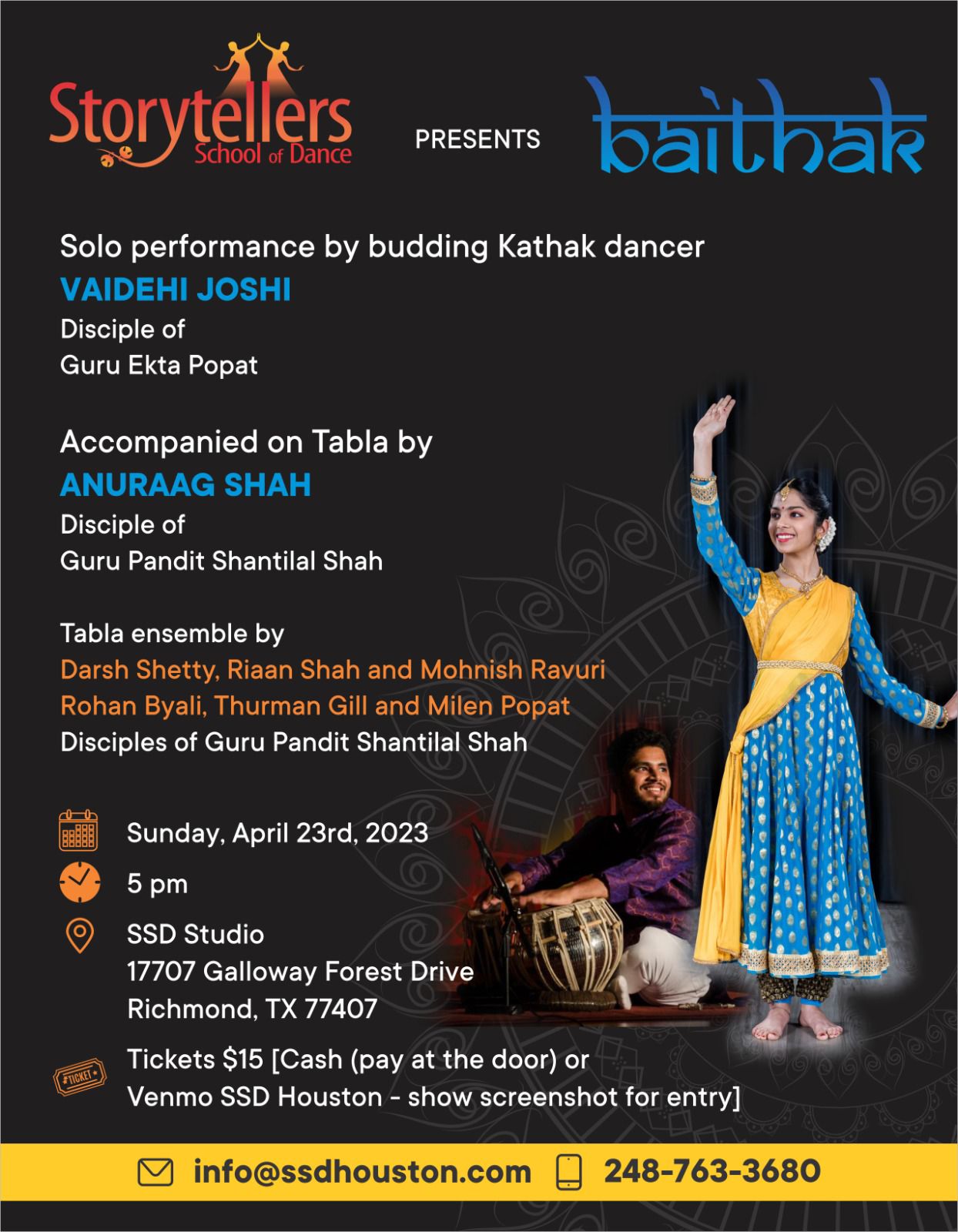 Flyer for Storyteller's School of Dance Baithak program